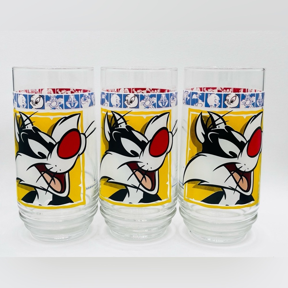 Set Of 3 VTG Looney Tunes Drinking Glass 1999 Sylvester Cat Warner Bros 10oz EUC